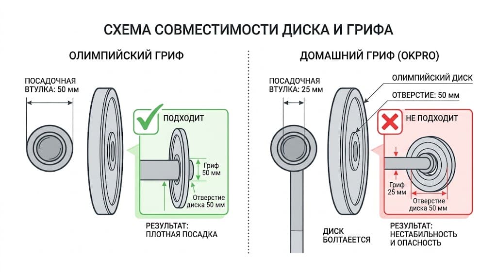 Схема совместимости посадочных диаметров Совместимость диска и грифа: посадочный диаметр 50 мм у олимпийского грифа и 25 или 30 мм у домашнего